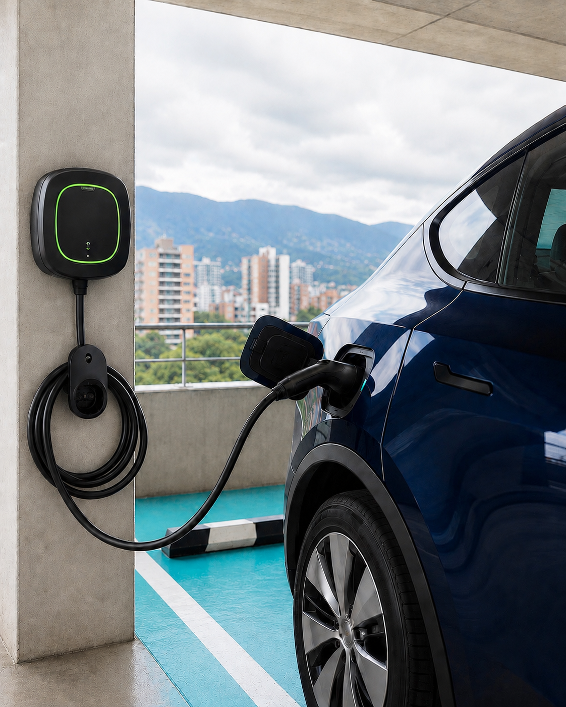 Vehículo eléctrico cargando en parqueadero de Medellín