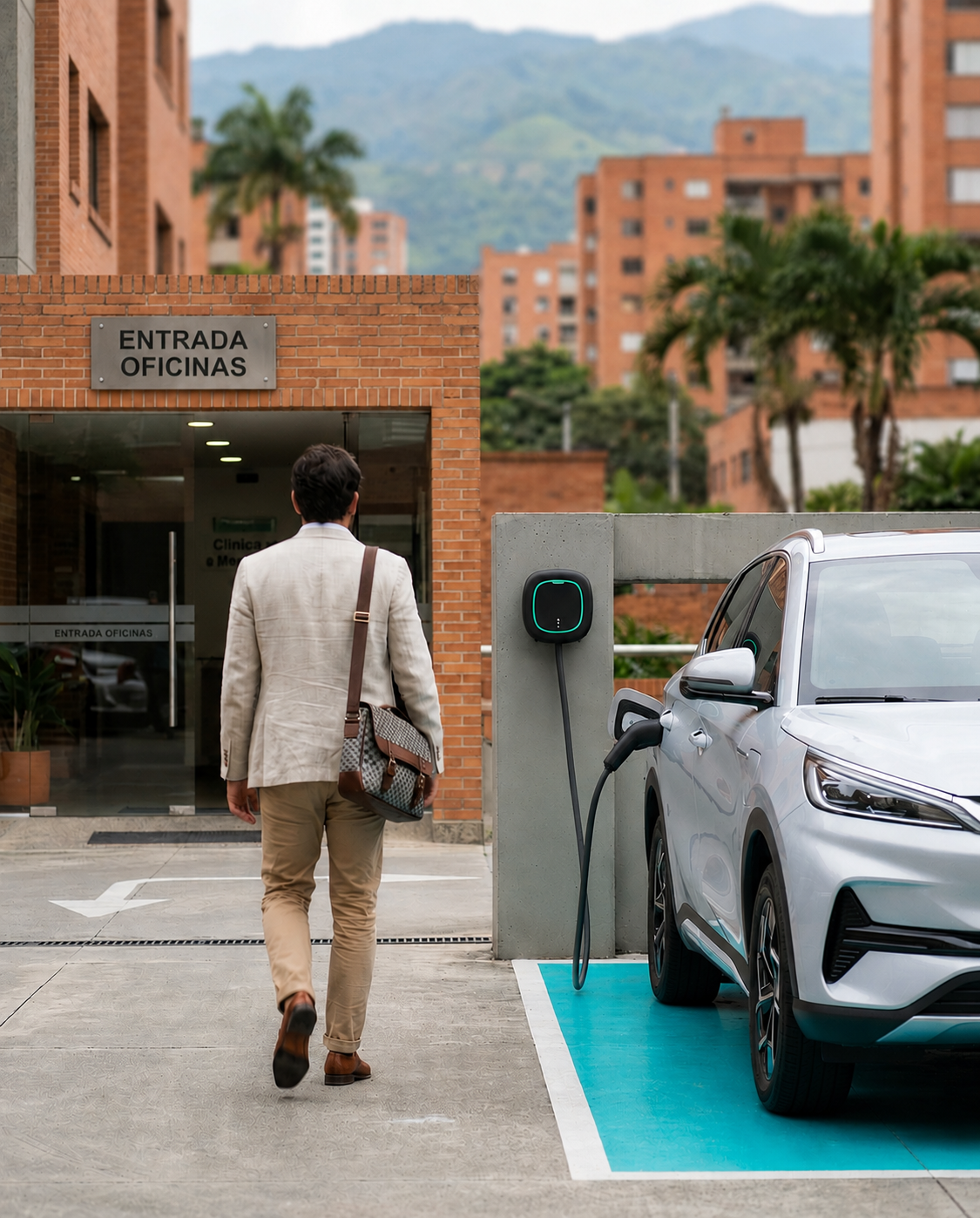 Conductor EV cargando su vehículo mientras trabaja en Medellín